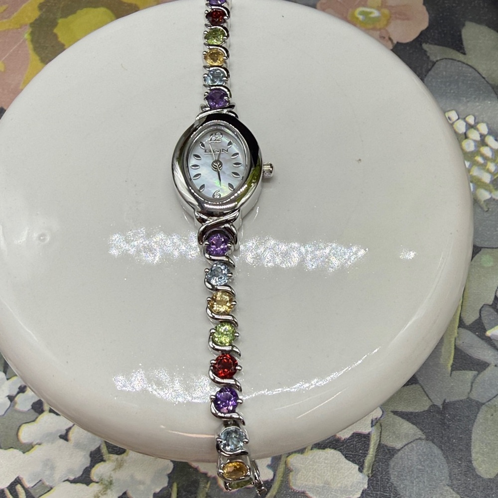 Elgin Mixed Gemstone Tennis Bracelet natural gemstones "S" link watch - Picture 4 of 8